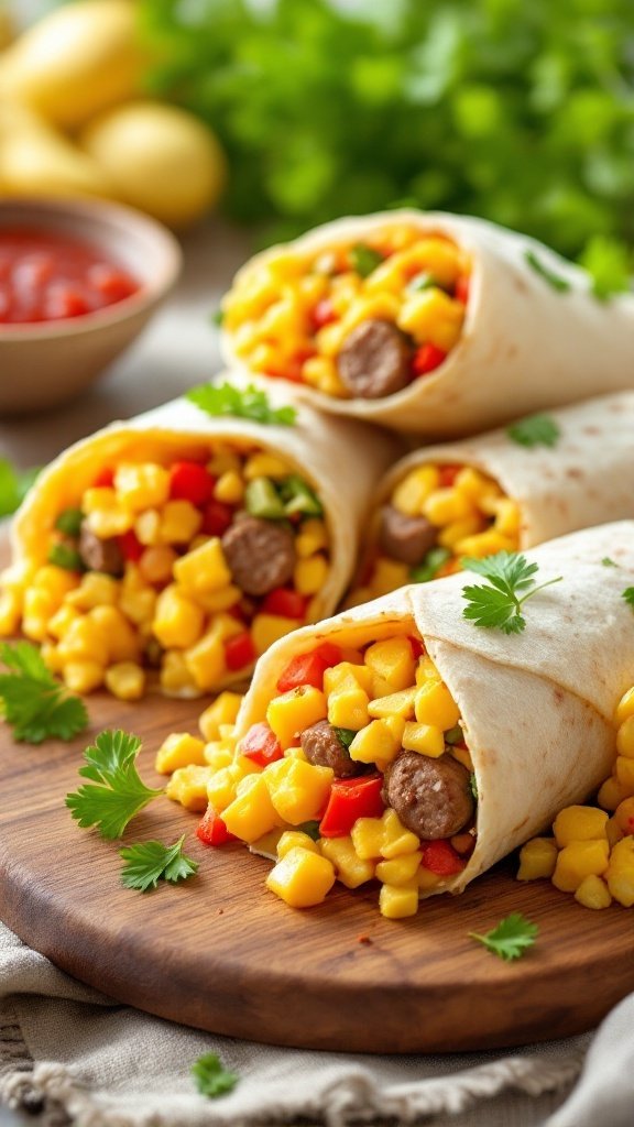 Four hearty breakfast burritos filled with scrambled eggs, sausage, and vegetables, served with salsa on a wooden board.