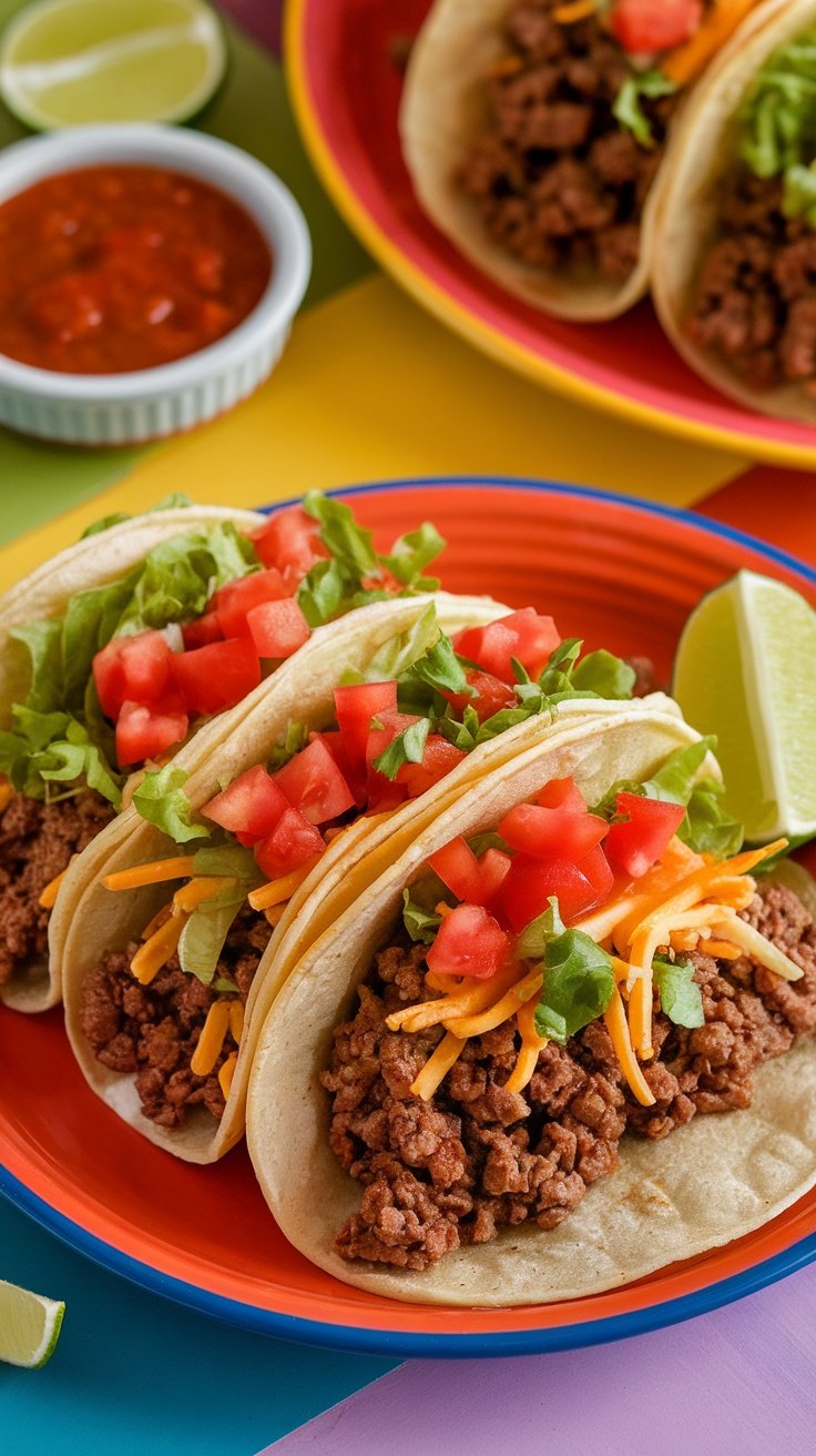 A plate of beef tacos with lettuce, tomatoes, cheese, and lime, ready for serving.