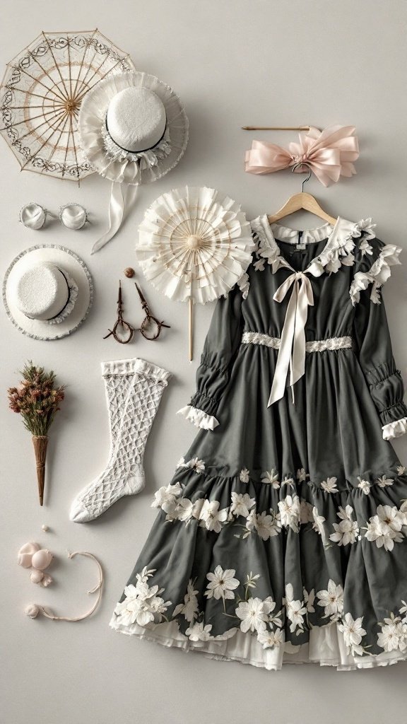 A flat lay of a gray Lolita dress with floral details, accompanied by accessories like hats, a parasol, socks, and bows.