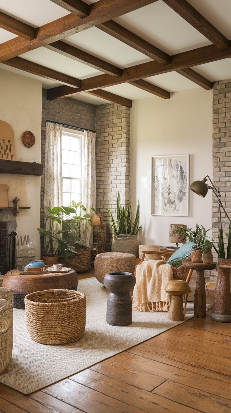 A cozy living room featuring artisanal decor accents with woven baskets, wooden stools, and indoor plants.