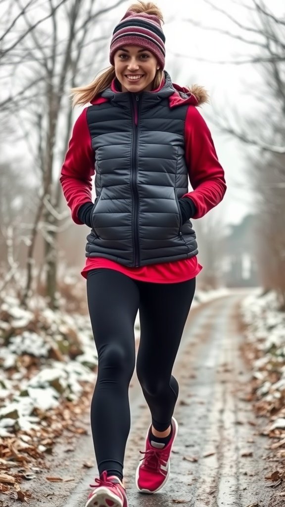 A woman in a stylish athleisure outfit, featuring a black puffer vest and red top, walking in a winter setting.