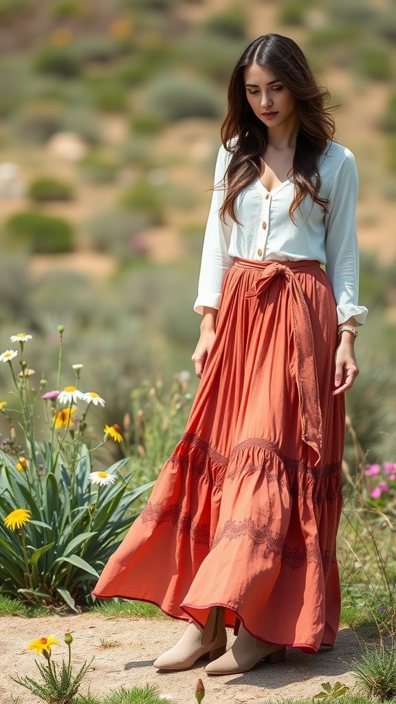 A woman wearing a rust-colored maxi skirt and beige suede boots, walking through a field of flowers.