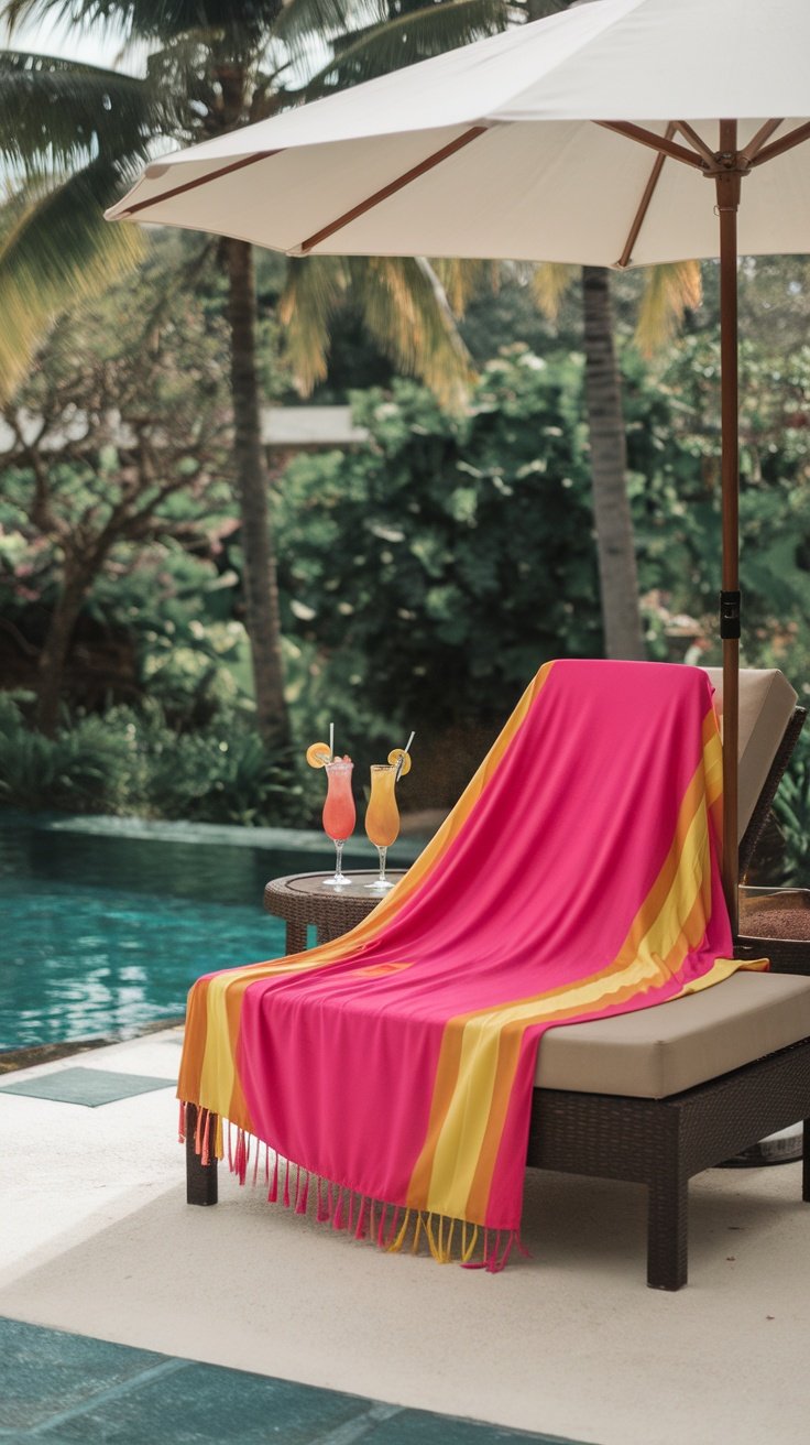 A colorful kaftan draped over a lounge chair by the pool, accompanied by two refreshing cocktails.