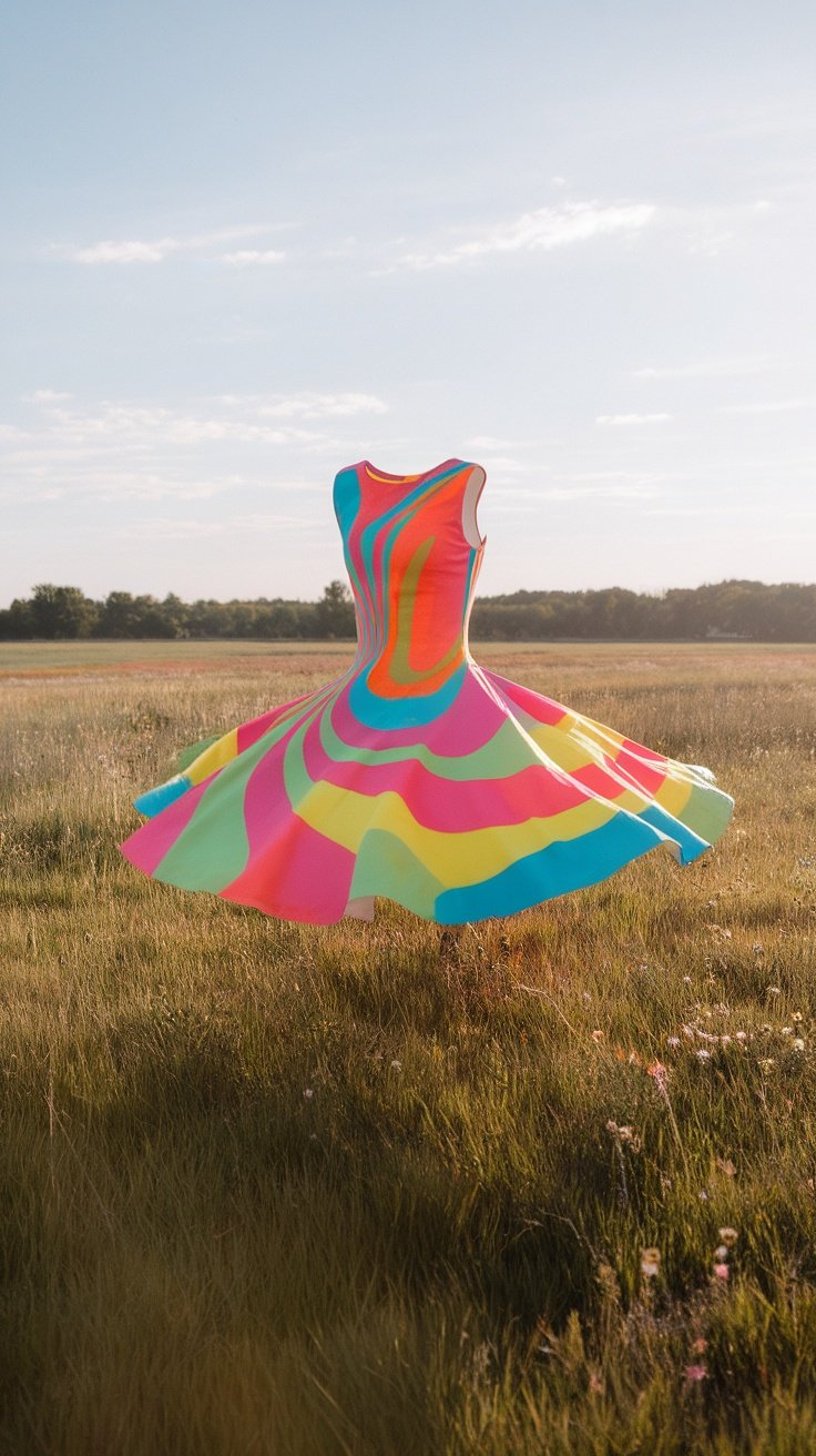 Brightly colored skater dress in a field