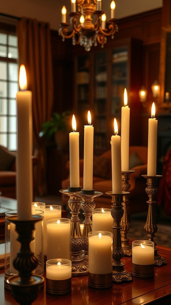 A collection of candles in decorative holders on a table with a warm and cozy atmosphere.