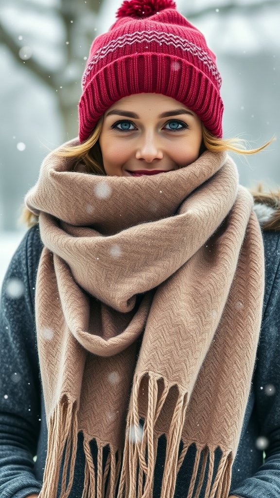 A woman wearing a red beanie and a beige cashmere scarf, smiling in the snow.