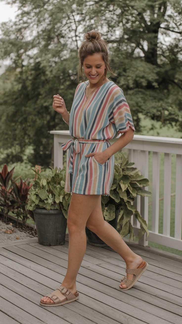 A woman wearing a colorful striped romper and sandals, walking on a wooden deck surrounded by plants.