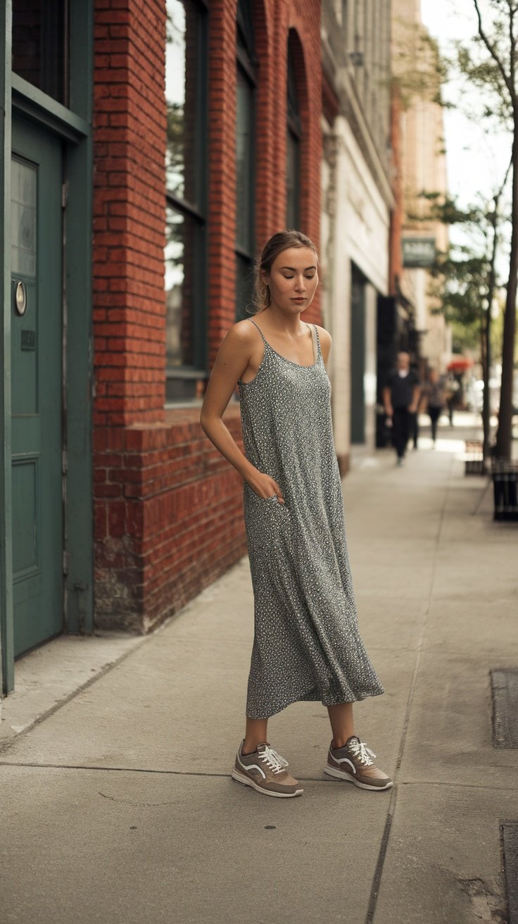 A woman wearing a casual slip dress and sneakers, standing on a city sidewalk.