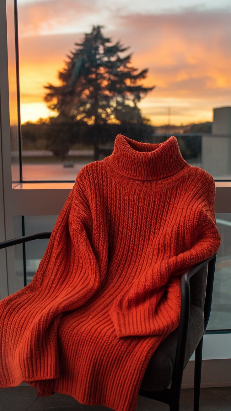 A cozy chunky knit sweater draped over a chair, set against a sunset backdrop.