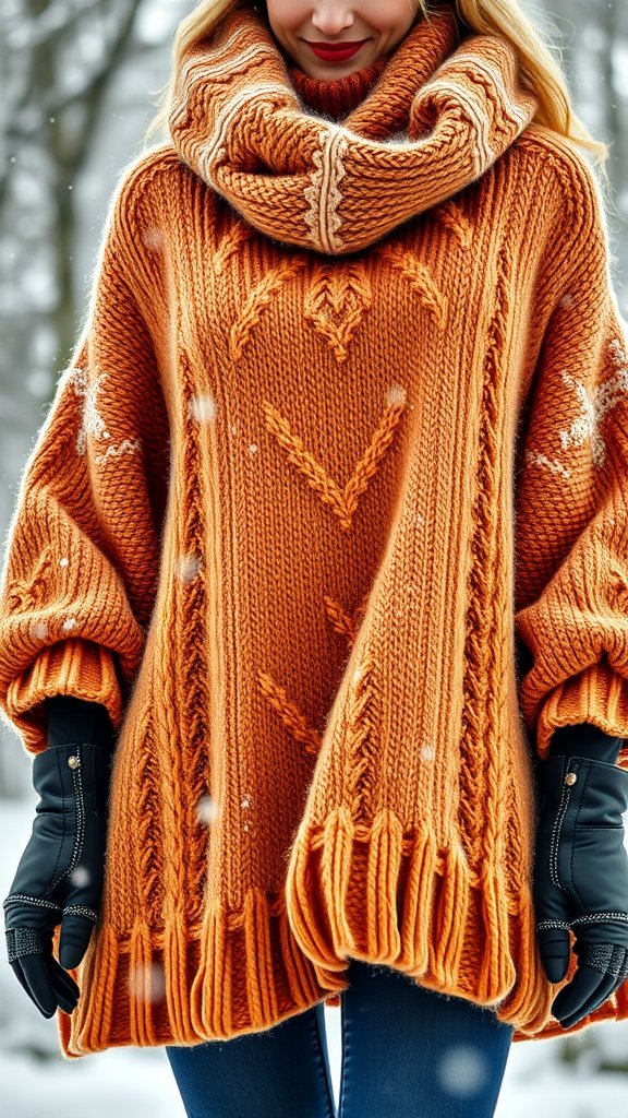 A woman wearing a chic oversized orange knit sweater with a cowl neck, standing in a snowy landscape.