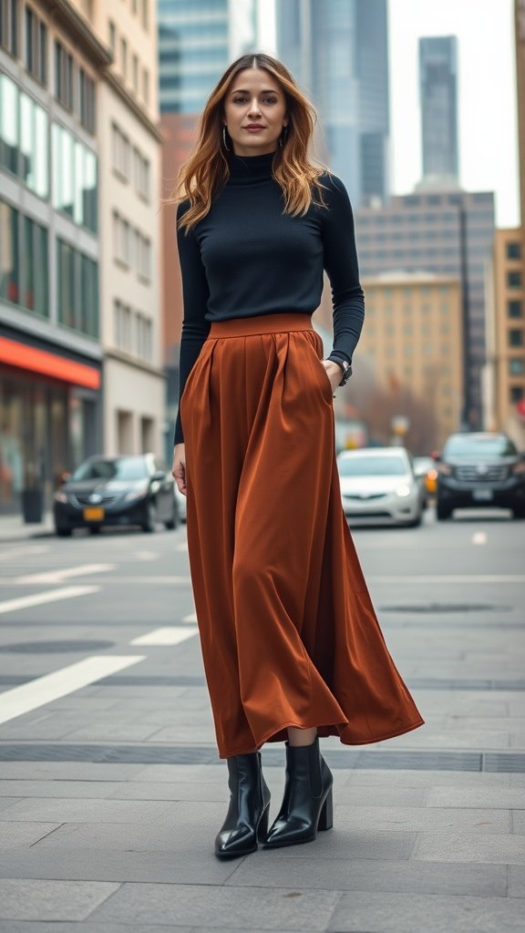 A woman in a black turtleneck and rust-colored maxi skirt, wearing black ankle boots, walks confidently on a city street.