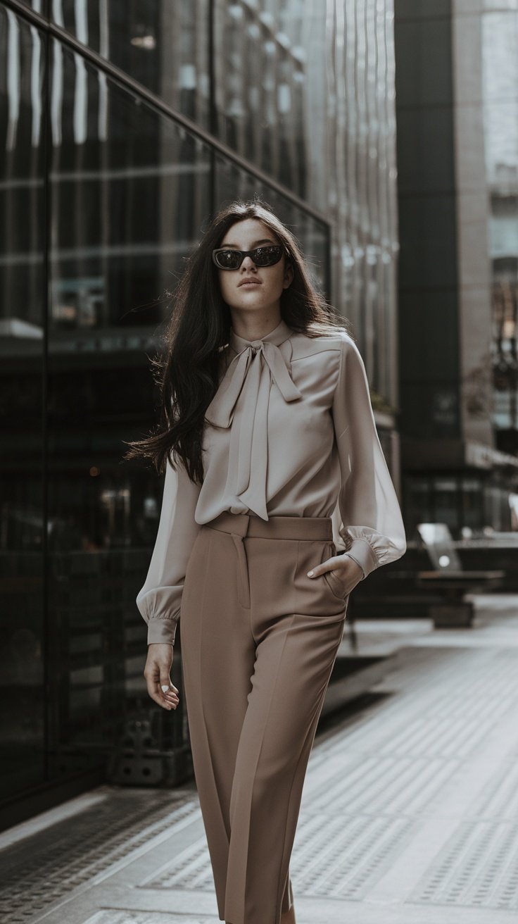 Model wearing a chiffon blouse and cropped trousers, embodying a stylish summer outfit.