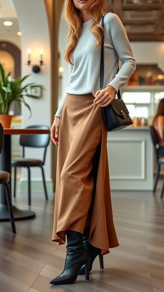 A woman wearing a ribbed sweater and a caramel-colored maxi skirt with heeled boots, holding a black crossbody bag.