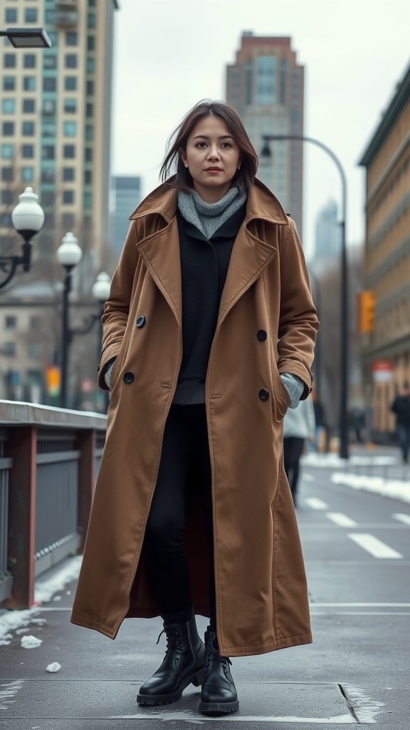 A woman wearing a brown trench coat over a gray sweater and black leggings, standing on a city street.