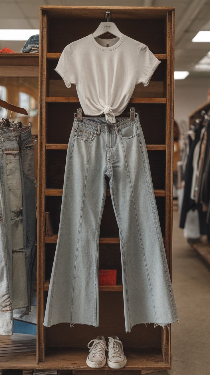 A classic white t-shirt knotted at the waist paired with flared jeans and white sneakers, displayed on a wooden rack.