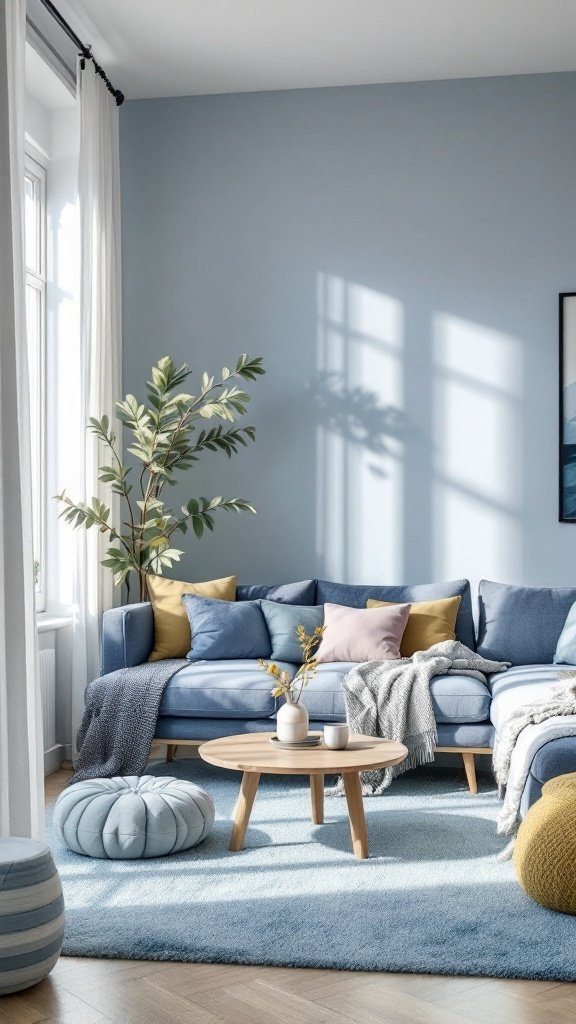 A cozy living room with light blue walls, soft blue furniture, yellow cushions, and a small plant.