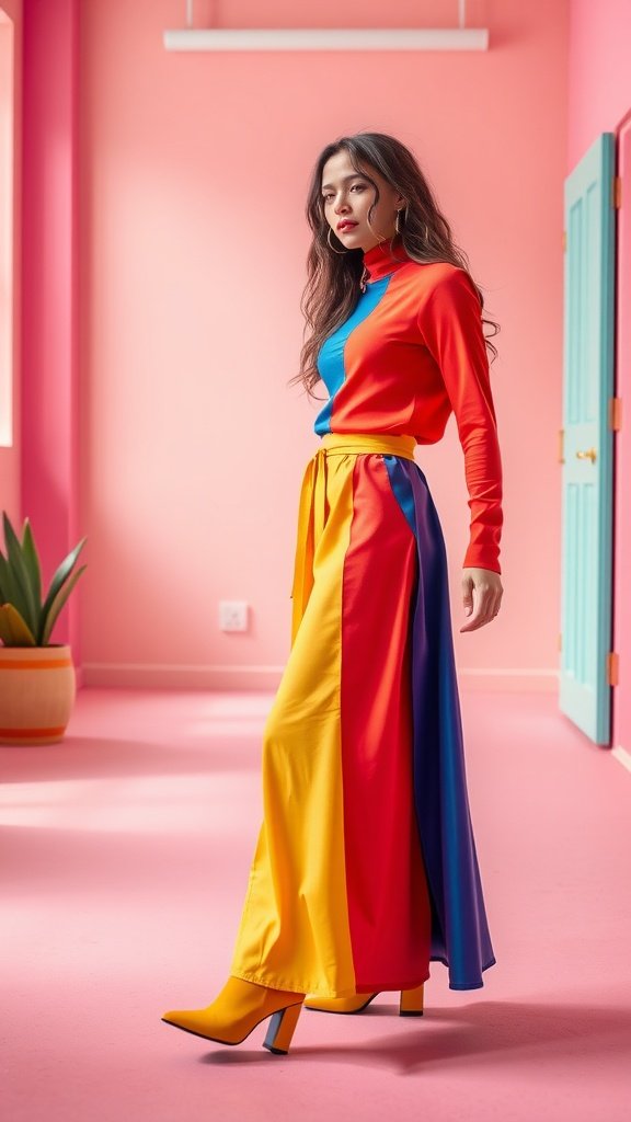 A woman in a colorful outfit featuring a color-blocked maxi skirt and yellow boots, set against a vibrant pink background.