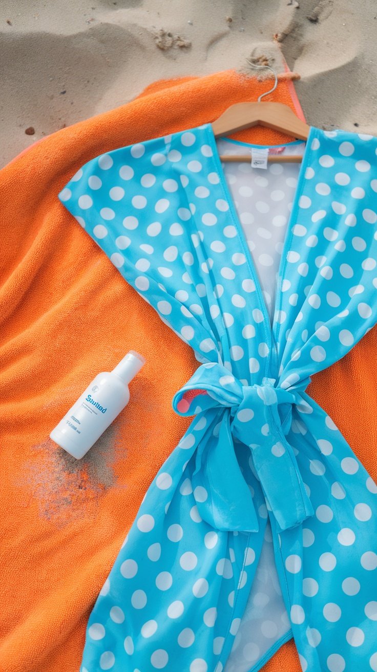 Colorful beach cover-up with polka dots on an orange towel and sunscreen bottle