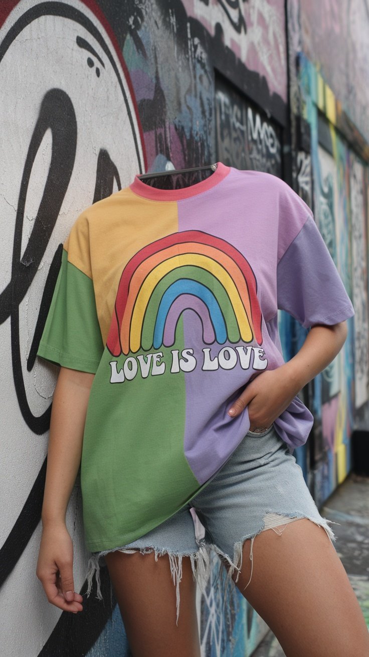 A person wearing a colorful graphic tee with the text 'Love is Love' and denim cutoffs, standing against a vibrant graffiti wall.