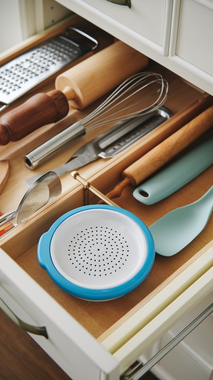 Kitchen drawer featuring various cooking tools, including a compact strainer