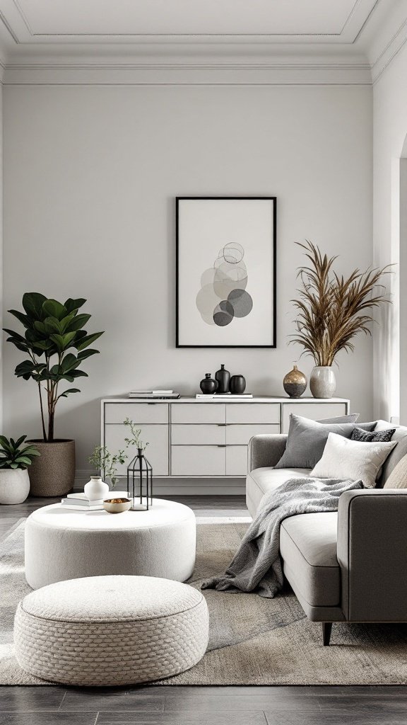 A compact living room and dining room combo featuring a grey couch, round coffee table, and storage console.