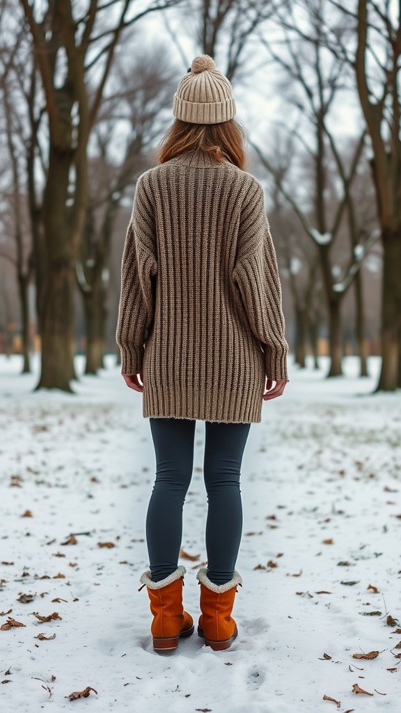 A woman wearing cozy fleece lined leggings, an oversized sweater, and boots in a snowy park.