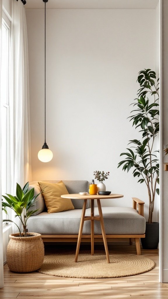 Cozy living room nook with a gray sofa, round table, plants, and warm lighting