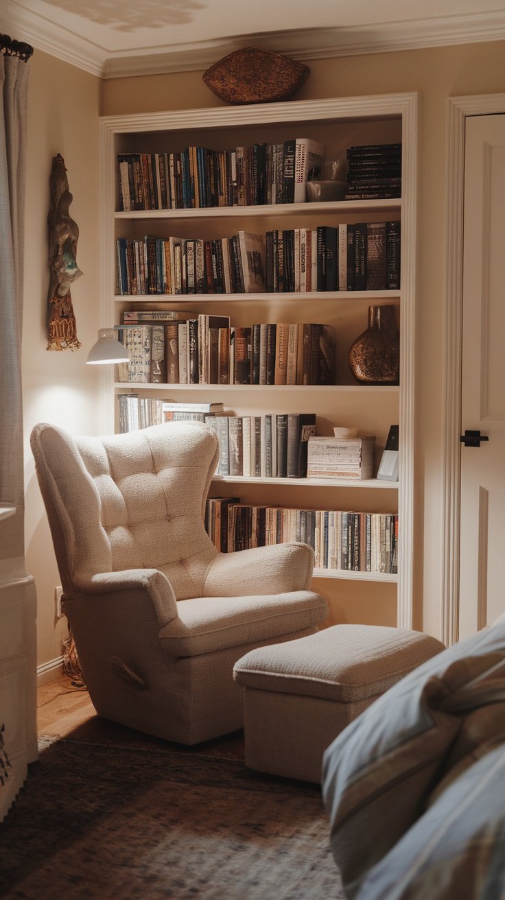 A cozy reading nook with a comfortable chair, ottoman, and a bookshelf filled with books.