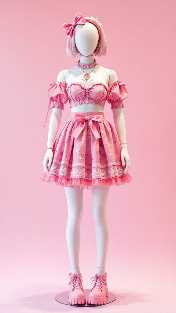 A pink Lolita dress displayed on a mannequin, featuring a cropped top, flared skirt, and matching accessories.