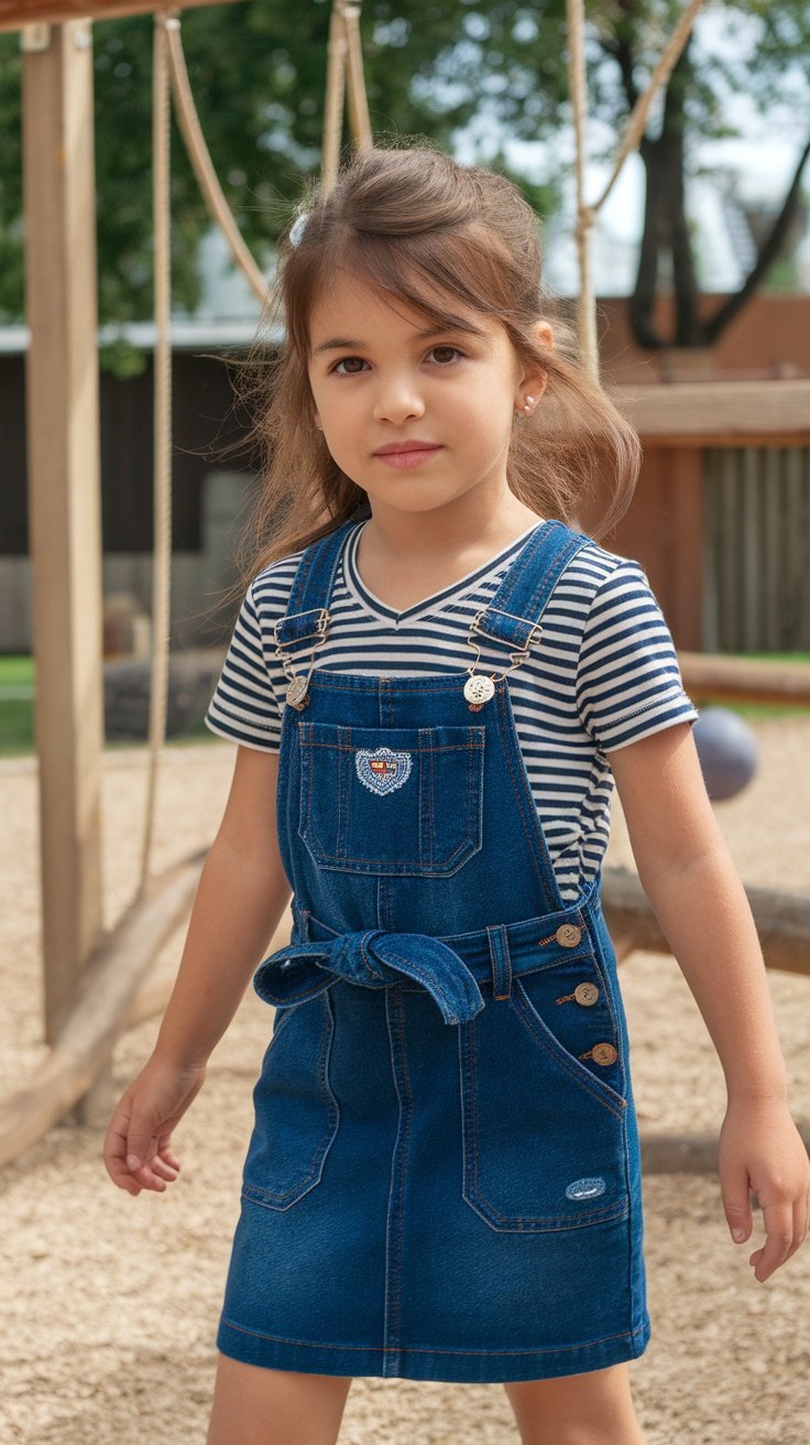 A girl wearing a denim overall dress with a striped t-shirt, standing in a playground.