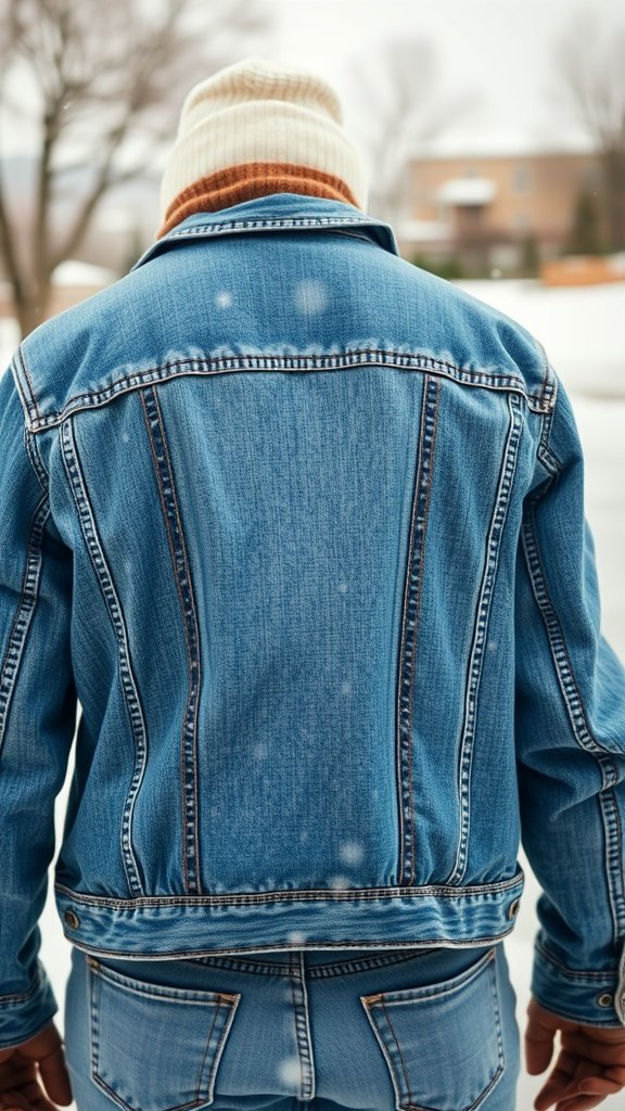 A person wearing a denim jacket with a quilted liner and a beanie, standing in a snowy environment.