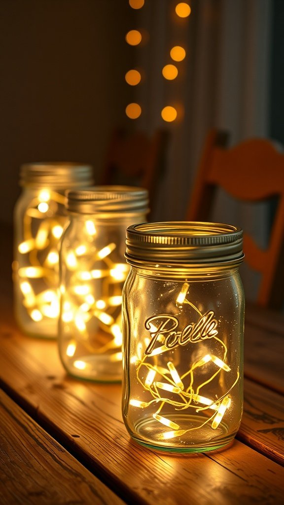 Two mason jar lanterns glowing softly on a wooden table, with background lights creating a cozy atmosphere.