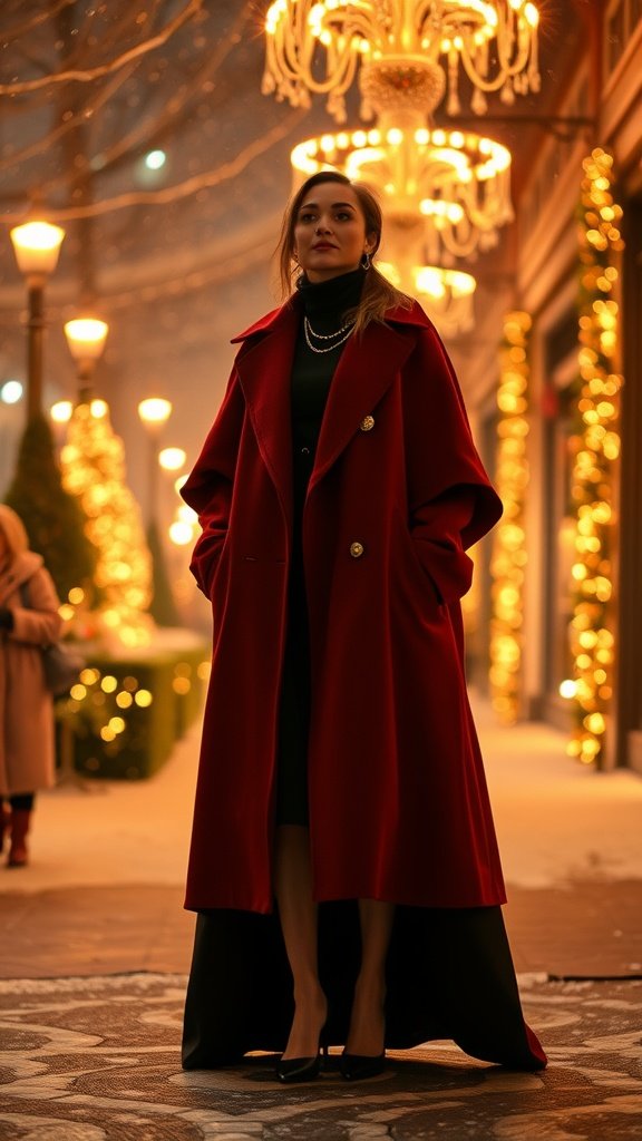 A woman wearing a dramatic red cape coat, standing confidently in a beautifully lit winter setting.