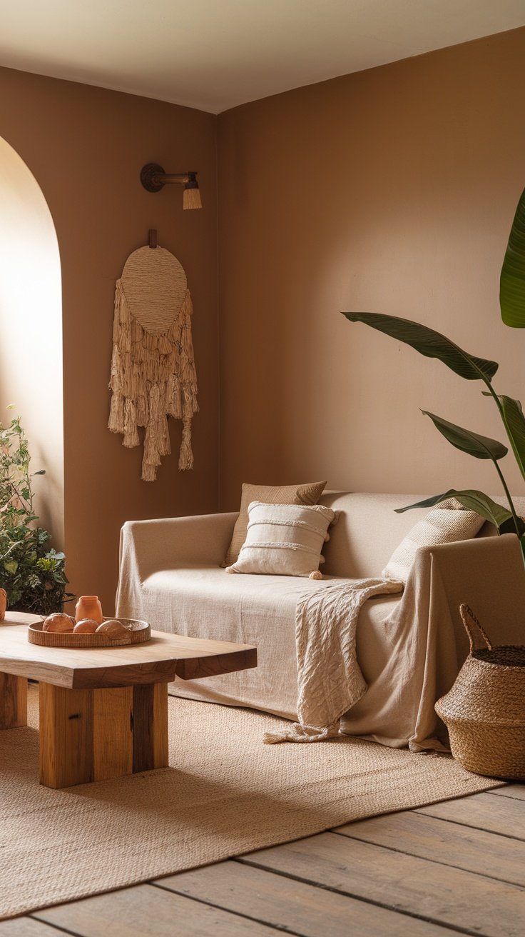 A cozy living room featuring an earthy color palette with a beige sofa, wooden coffee table, and plants.