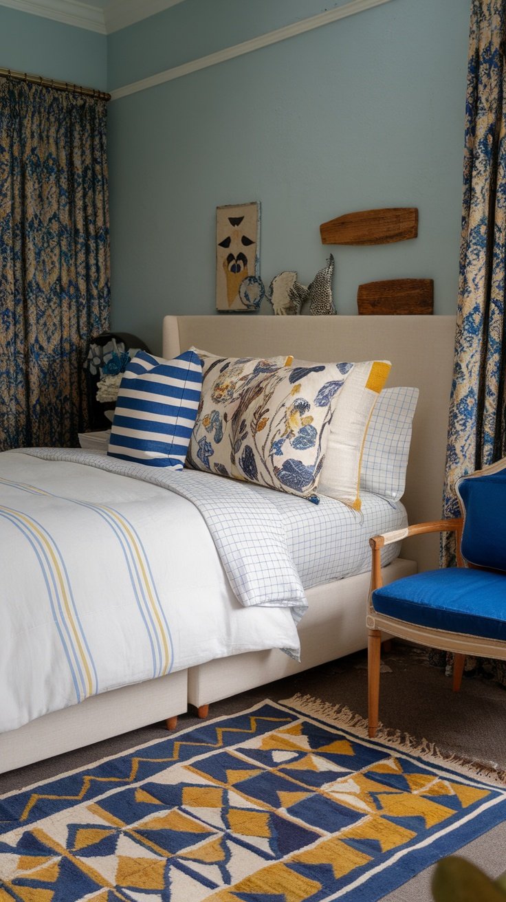 A beautifully decorated bedroom featuring a mix of floral and striped pillows, patterned rug, and warm colors.