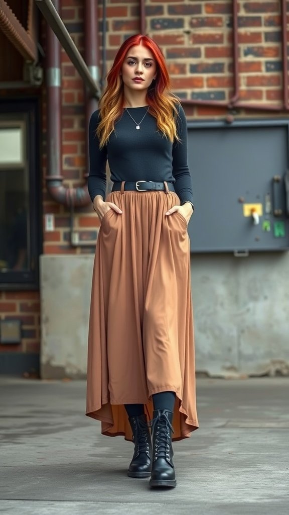 A model showcasing an edgy outfit featuring a maxi skirt and combat boots.