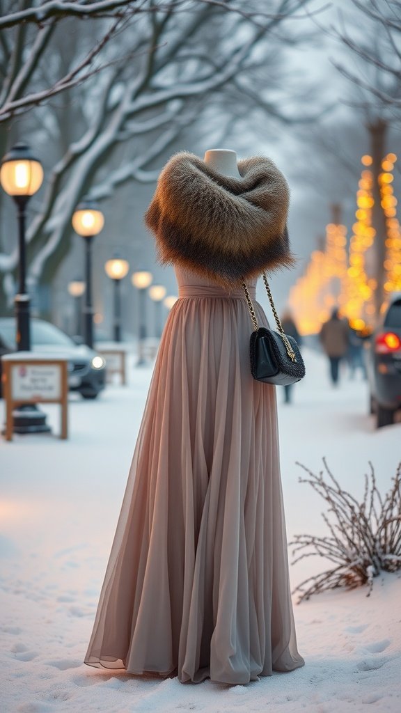 A soft pink maxi dress displayed on a mannequin, complemented by a luxurious fur shawl and a black handbag, set against a snowy street with festive lights.