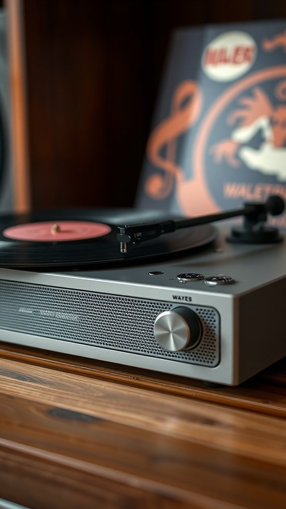 Waves Vinyl Player Bluetooth Speaker with a record on the turntable