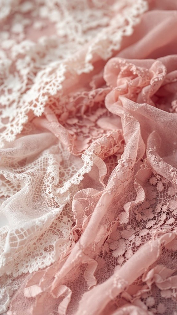 An array of soft pink fabrics and delicate lace, perfect for Lolita dresses.