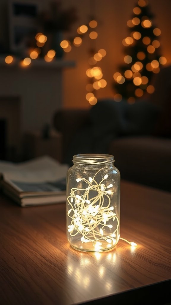 A glass jar filled with fairy lights sits on a wooden table, surrounded by a cozy living room setting with blurred lights in the background.