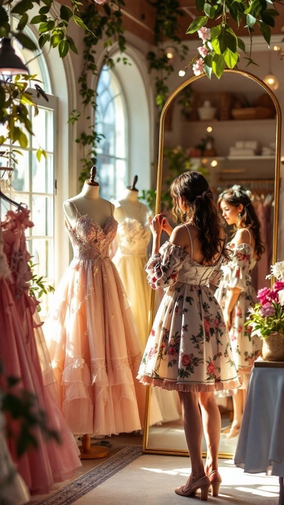 A woman in a floral dress stands in front of a mirror admiring various Lolita dresses in a boutique.