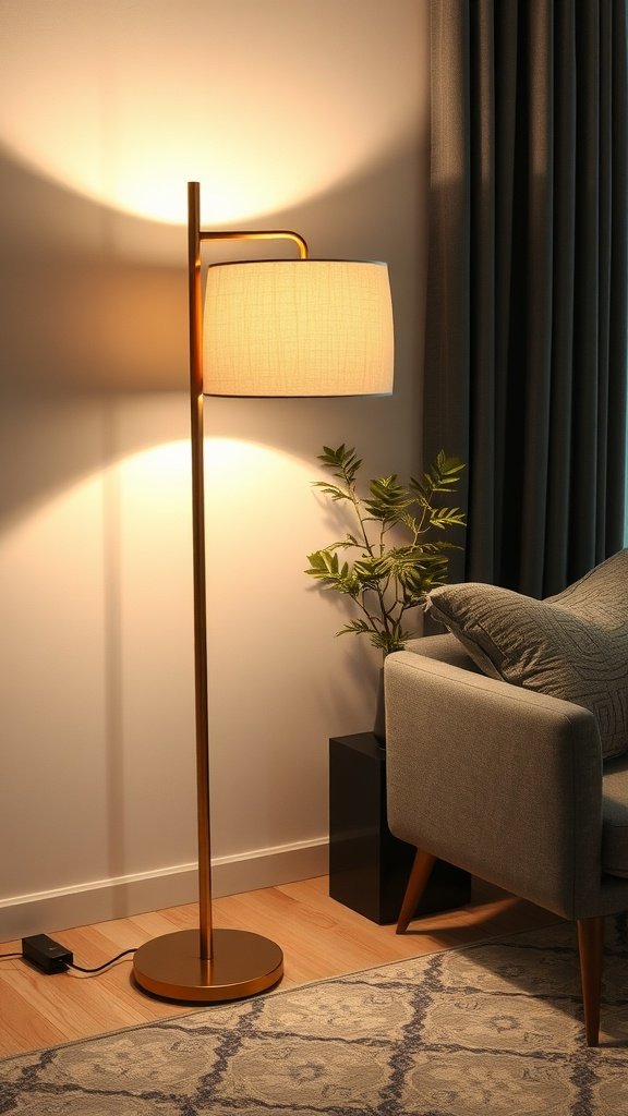 A black floor lamp beside a brown sofa in a softly lit living room.