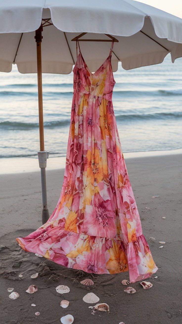 A floral maxi dress hanging under an umbrella on a beach, surrounded by seashells.