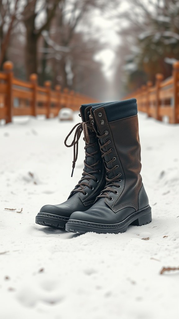 A pair of chunky combat boots placed on a snowy pathway.