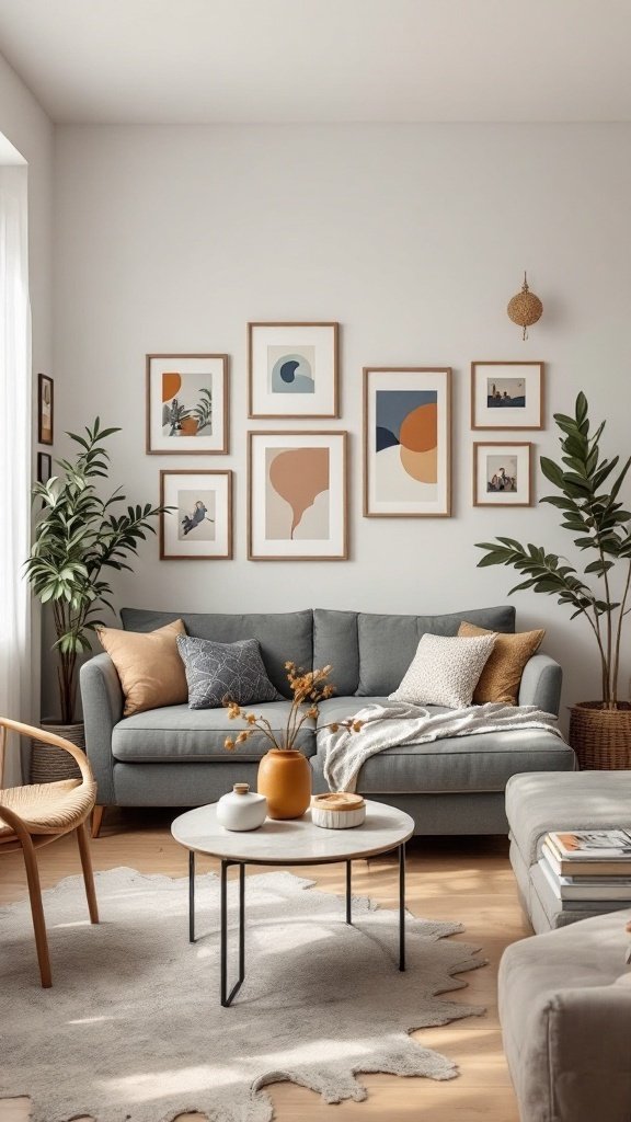 Cozy living room with gray sofa, colorful pillows, artwork on the wall, and plants