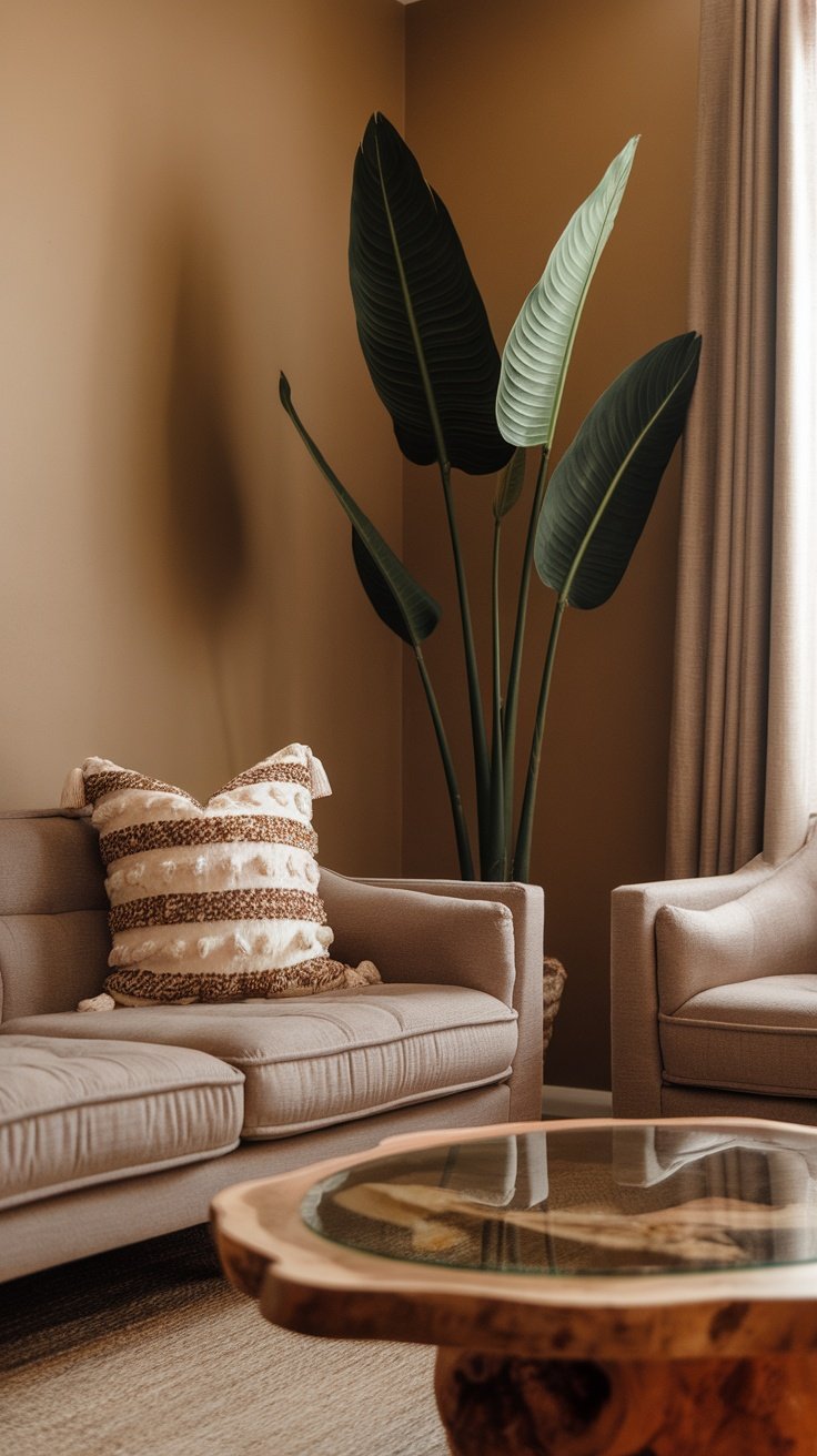 Cozy organic modern living room with beige sofas, a large plant, and a wooden coffee table.