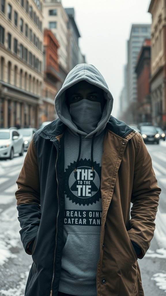 A person wearing a graphic hoodie under a long coat in a city setting during winter.