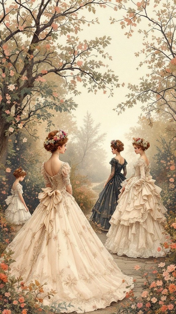 Four women in historical dresses in a flower-filled setting