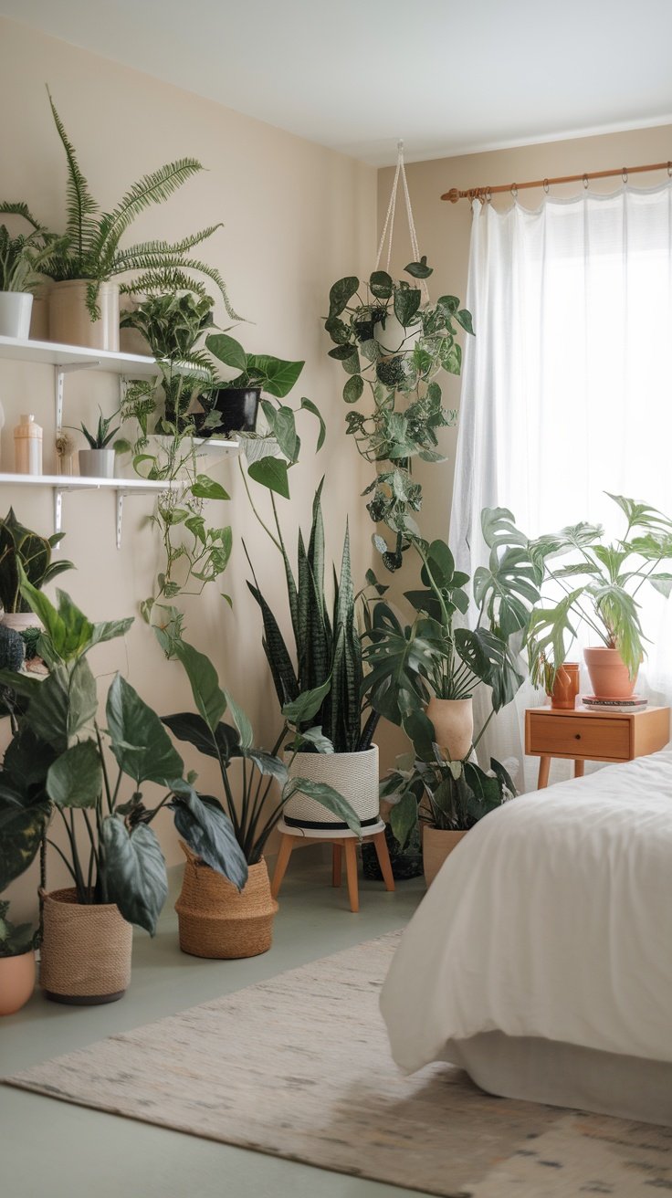 A cozy bedroom filled with various indoor plants, showcasing a fresh and vibrant atmosphere.