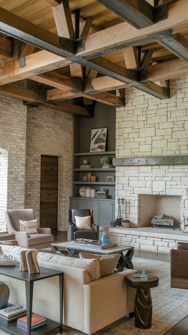 A modern living room featuring wooden beams, stone fireplace, and earthy decor.